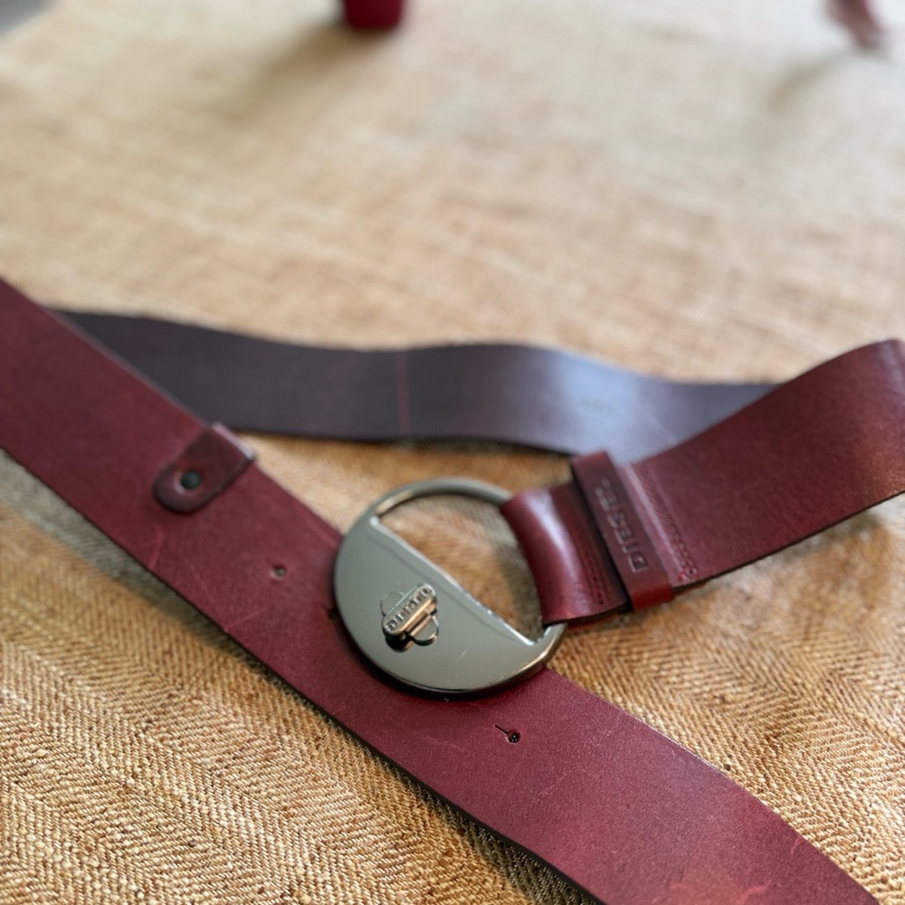 Diesel Burgundy Leather Belt with Round Silver Buckle